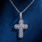 Iced Hollow Round Cut Cross Moissanite Pendant in White Gold