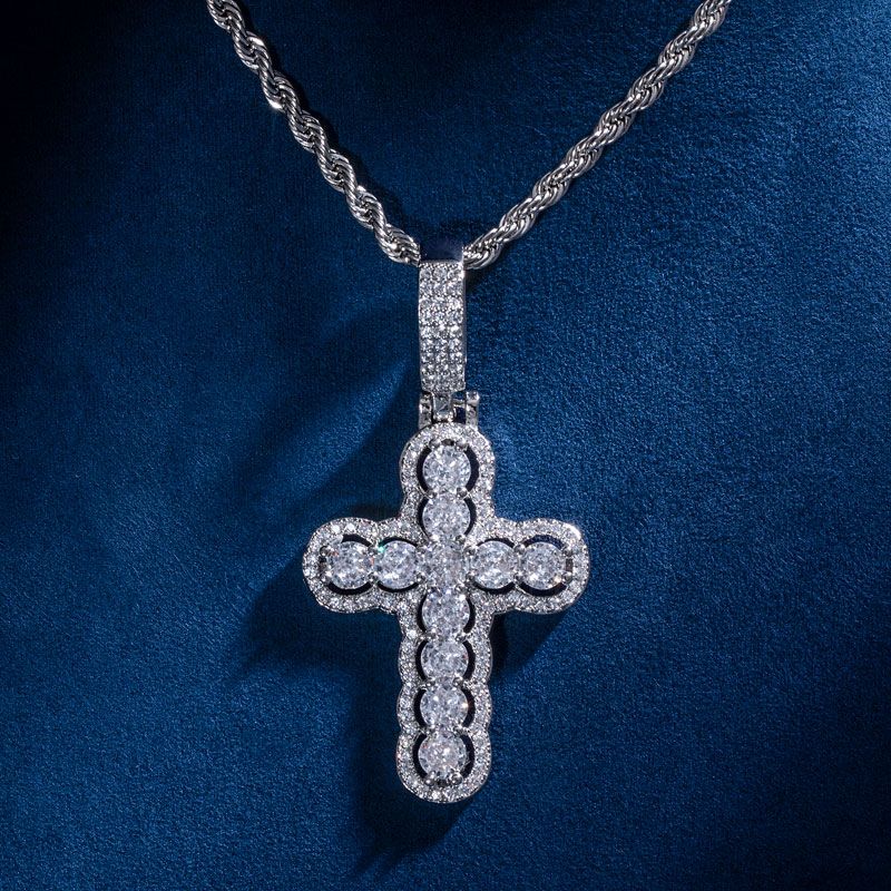 Iced Hollow Round Cut Cross Moissanite Pendant in White Gold