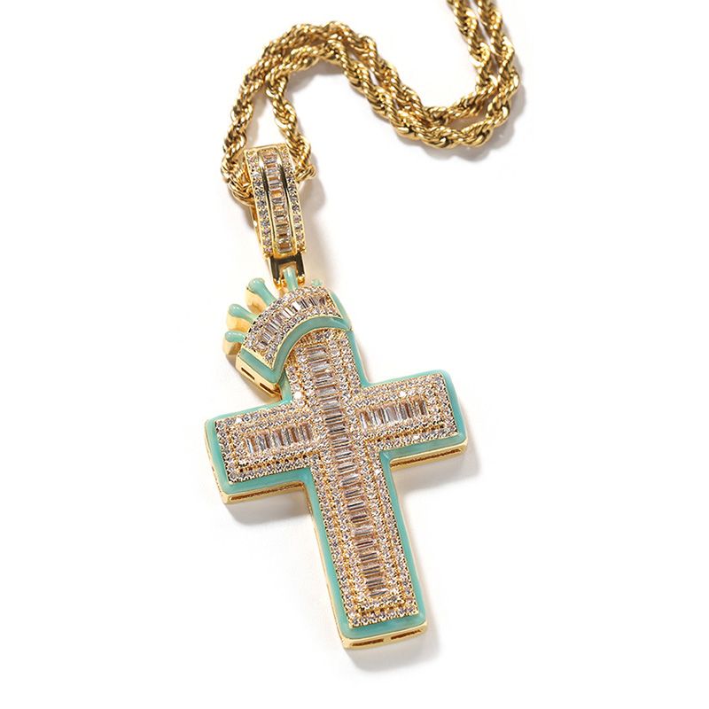 Glow in The Dark Baguette Crown Cross Moissanite Pendant