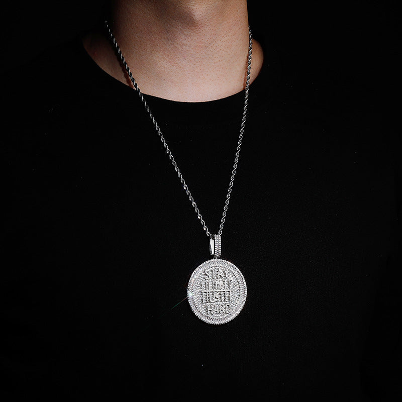 Moissanite Ice Baguette Cut Keep Calm Round Pendant