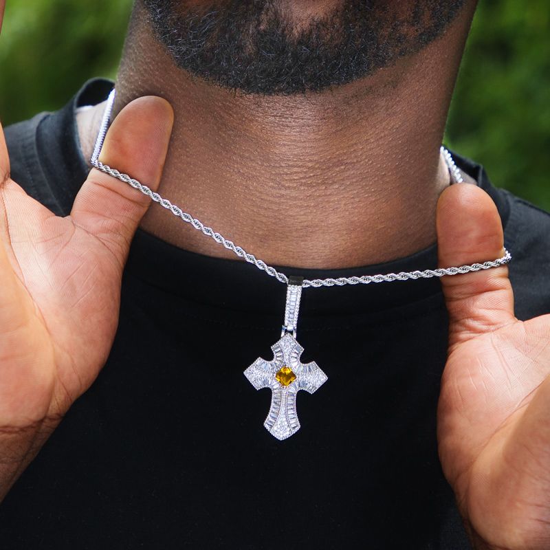 Iced Purple/Fancy Baguette Christian Cross Moissanite Pendant