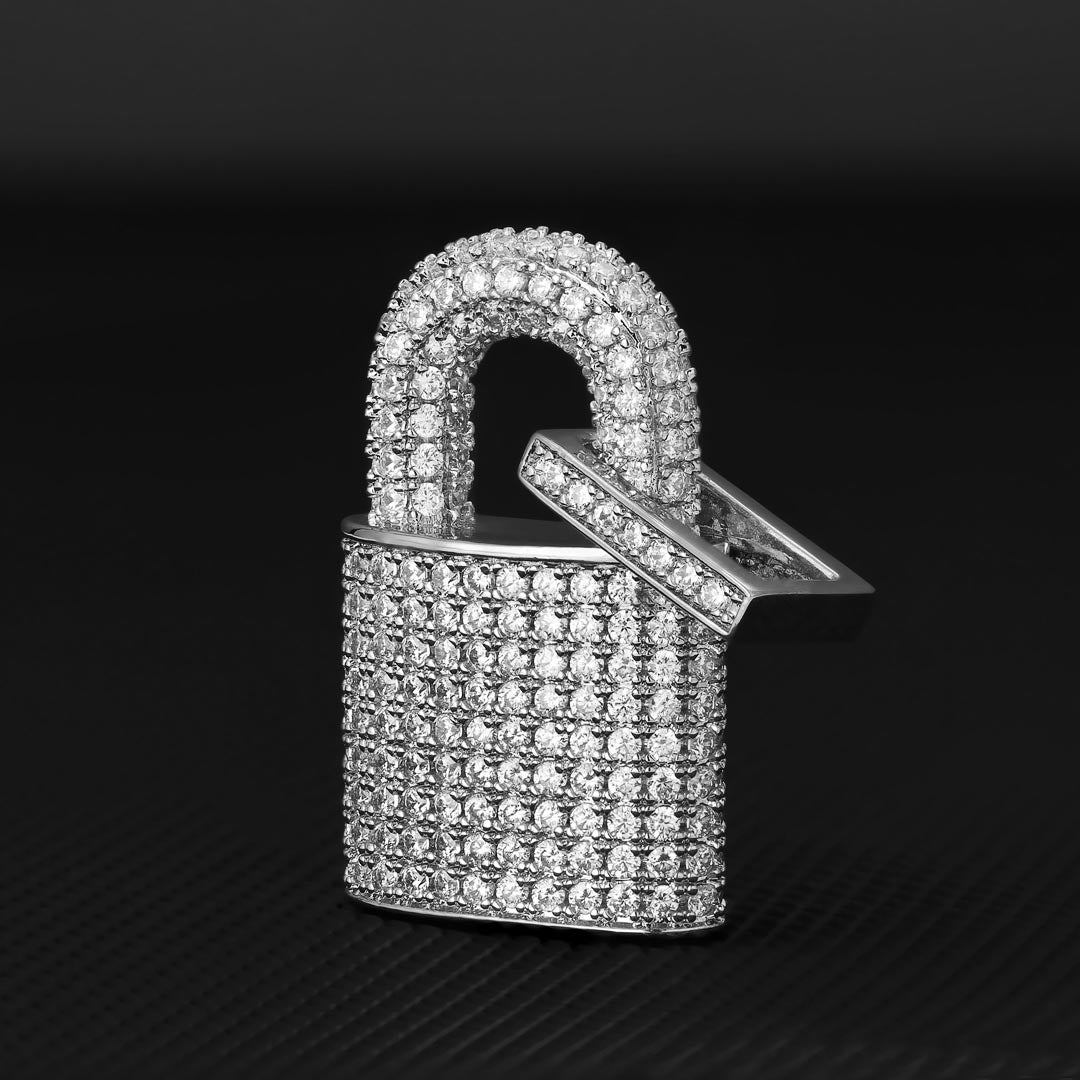 Iced Out Lock Mens Moissanite Pendant Necklace in White Gold
