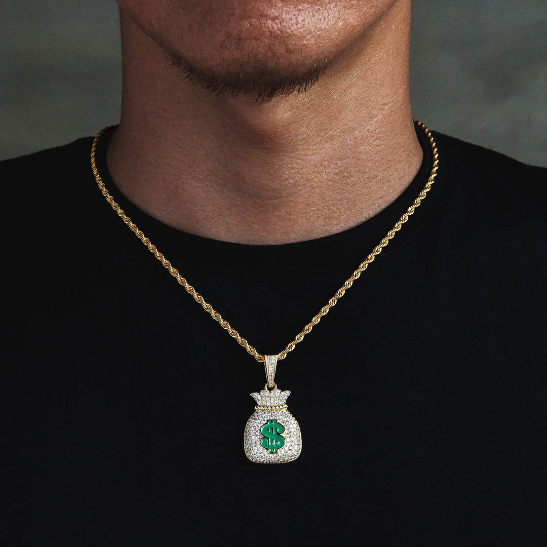 Iced Out Money Bag Mens Moissanite Pendant Necklace in 14K Gold