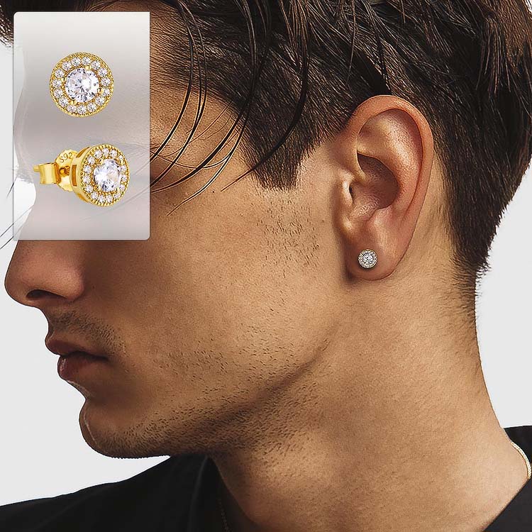 S925 Moissanite Round Iced Sterling Silver Stud Earrings for Men