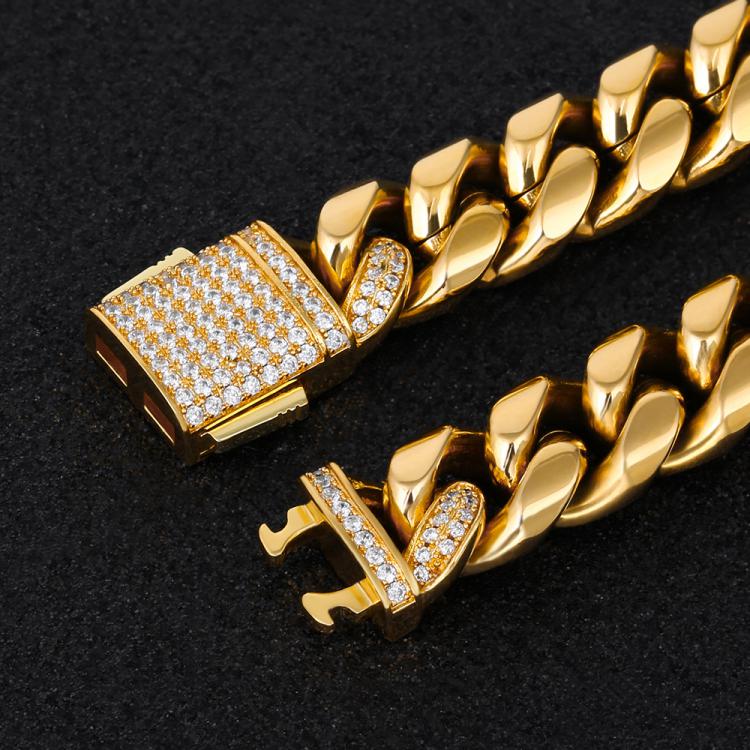 Moissanite Clasp Miami Cuban Link Chain (12mm) in 18K Gold for Men's