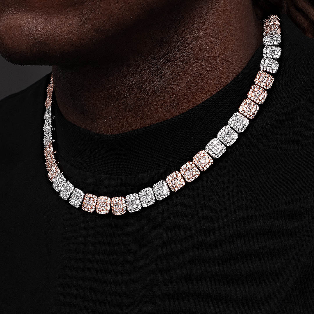 10mm Moissanite Two Tone  Halo Baguette Link Chain